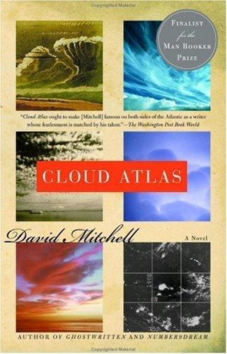 Cover of the Random House Trade Paperback edition of Cloud Atlas by David Mitchell, showing six photographic panels of sky and clouds arranged in a grid above the title.