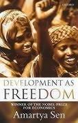 Cover of the Anchor Books paperback edition of Development as Freedom by Amartya Sen, plain typographic cover in blue and white.