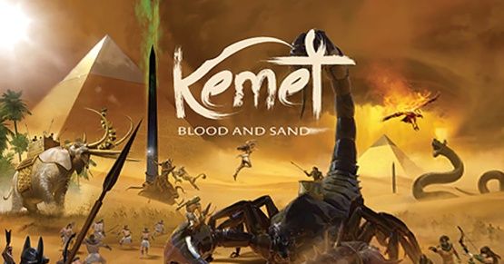 Box art for Kemet: Blood and Sand, showing Egyptian-themed warriors and mythological creatures in battle.
