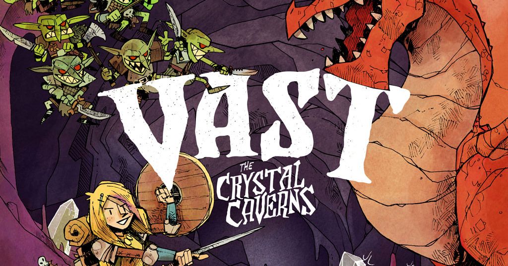 Box art for Vast: The Crystal Caverns, showing a knight, goblins, and a dragon in a cave setting.