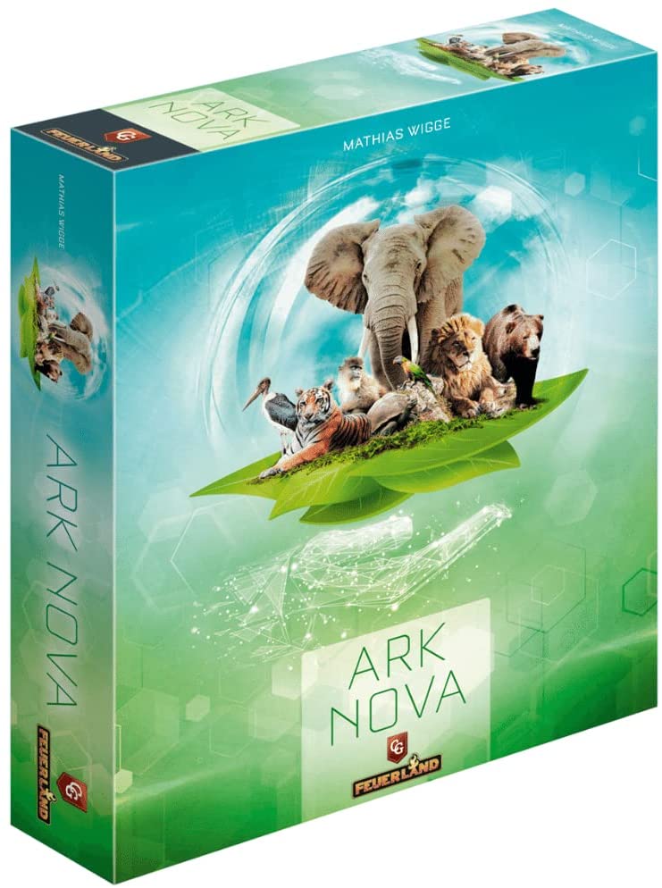 Box art for Ark Nova, showing an illustration of a modern zoo with elephants and other animals.