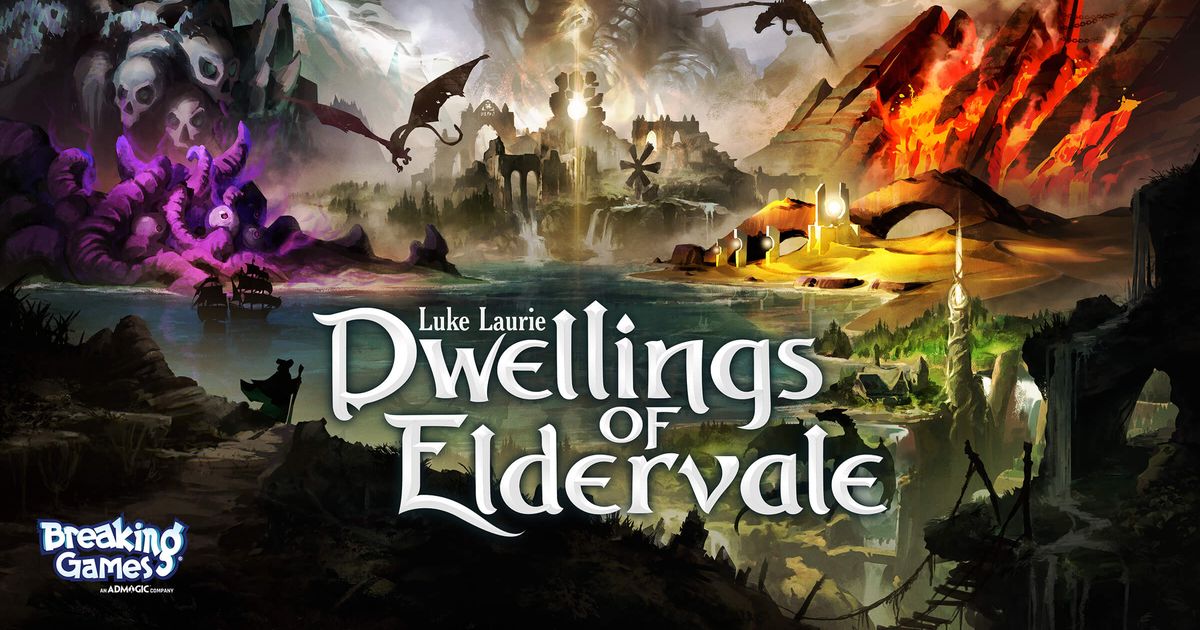 Box art for Dwellings of Eldervale, showing a fantasy landscape with dwellings and adventurers.